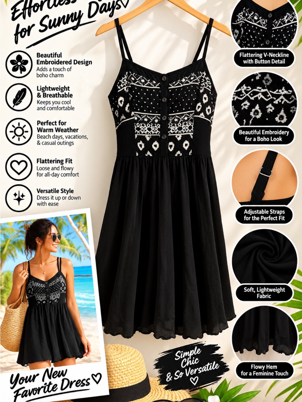 Black Embroidered Boho Sundress with Adjustable Straps
